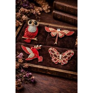 Red Crystal Brooch 4 piece collection | Vintage Style Pin Set | winged critters